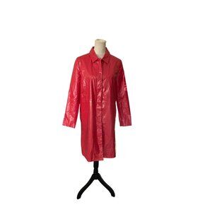 Red Button-Up Vinyl Coat Bright Pink High Gloss Sz S Lightweight Barbie READ